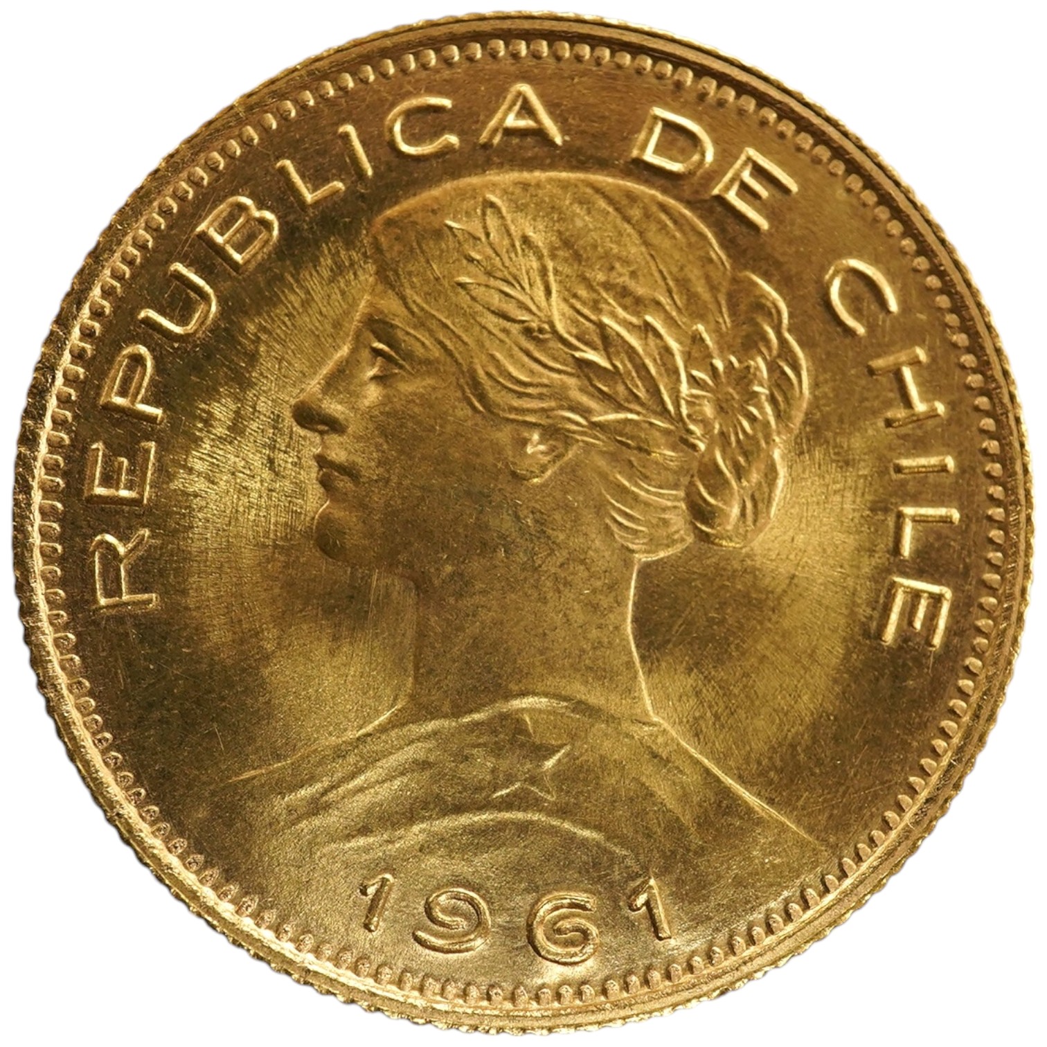 Chile gold coins, 100 pesos, 1961, UNC